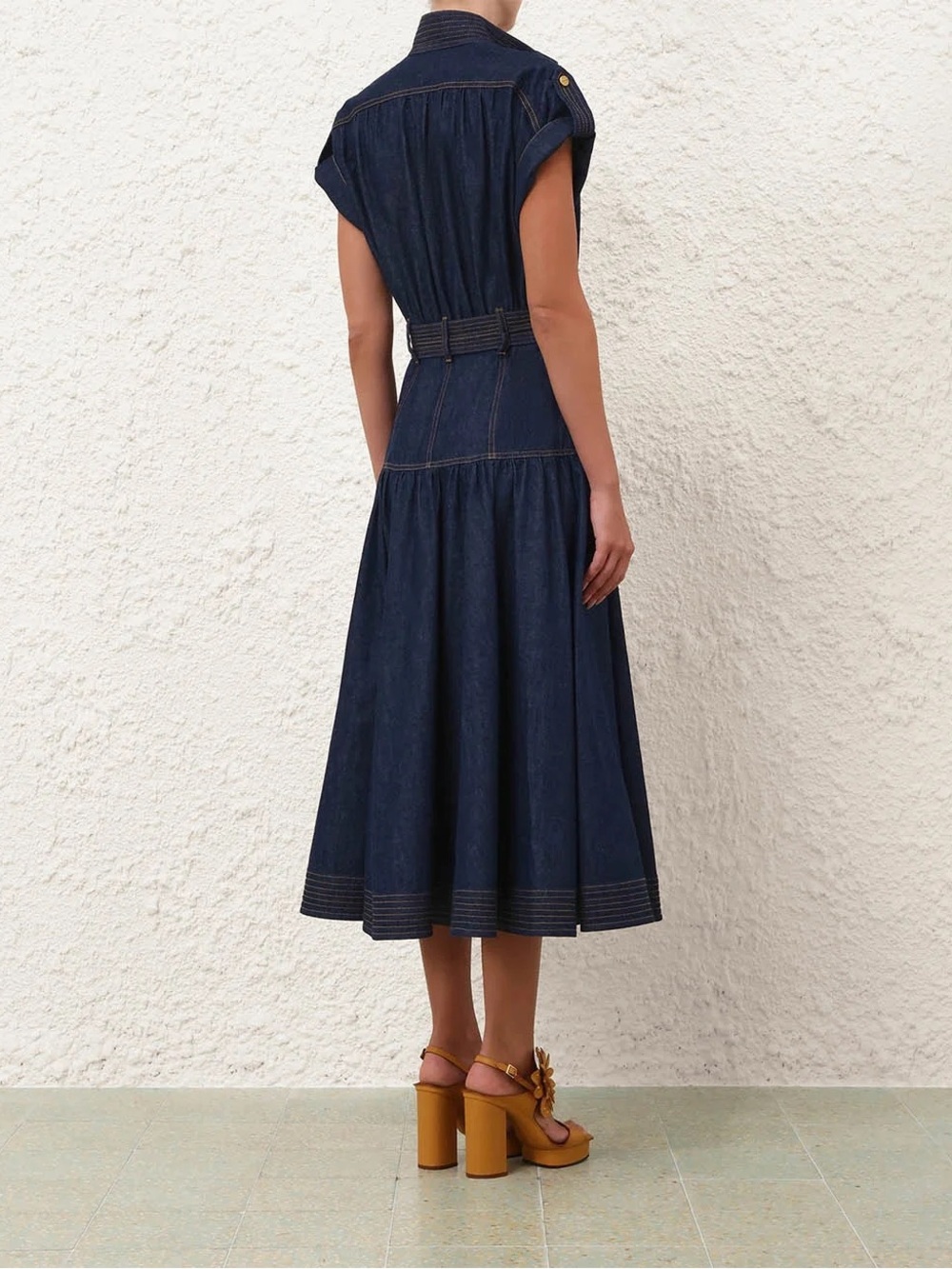 Zimmerman Denim Belted Puff Sleeve Midi-Dress - Picture 4 of 9